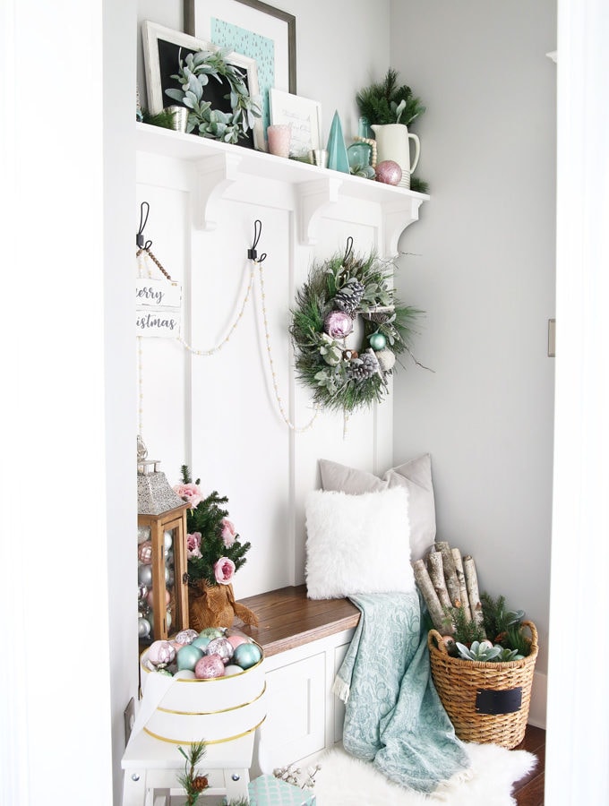 Mudroom Decorated for Christmas in Pastel Colors