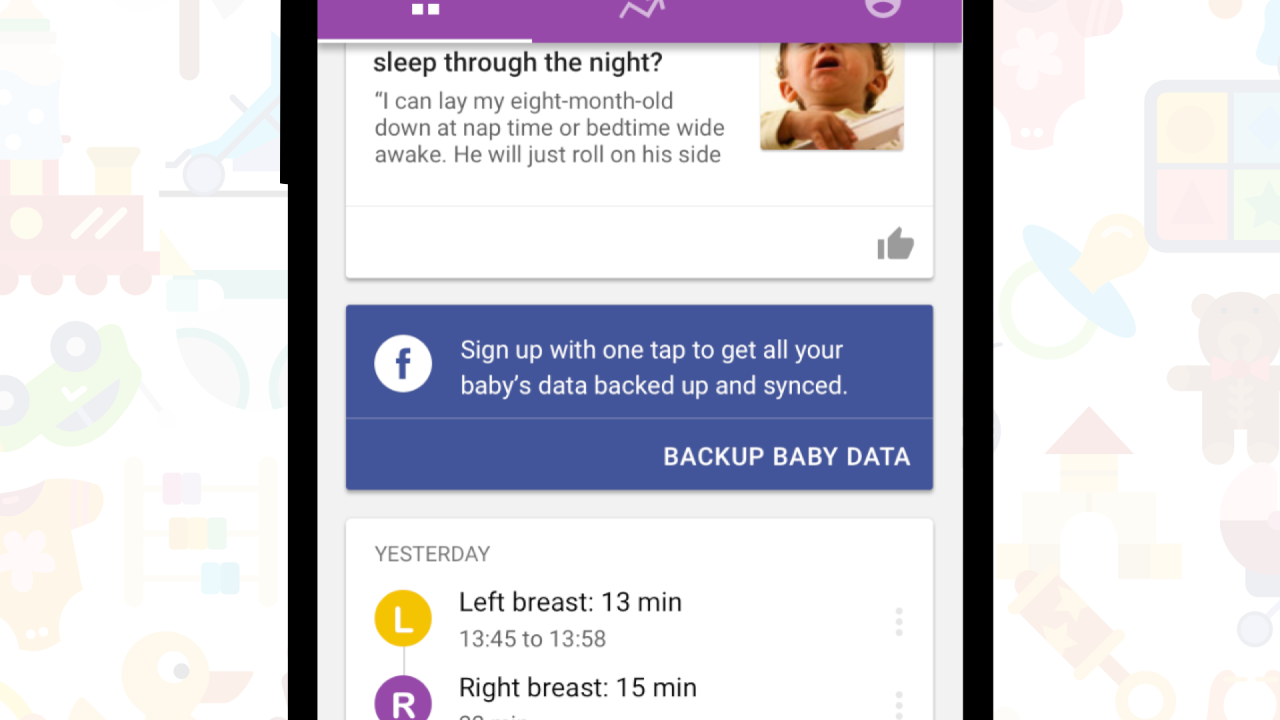 Never again worry about loosing your baby&rsquo;s data Today we&rsquo;d like to introduce easy backup and sync for all events you have added in Baby Manager. Easily keep it safe up signing up with Facebook and voil&agrave;! Events will be stored securely on our servers...