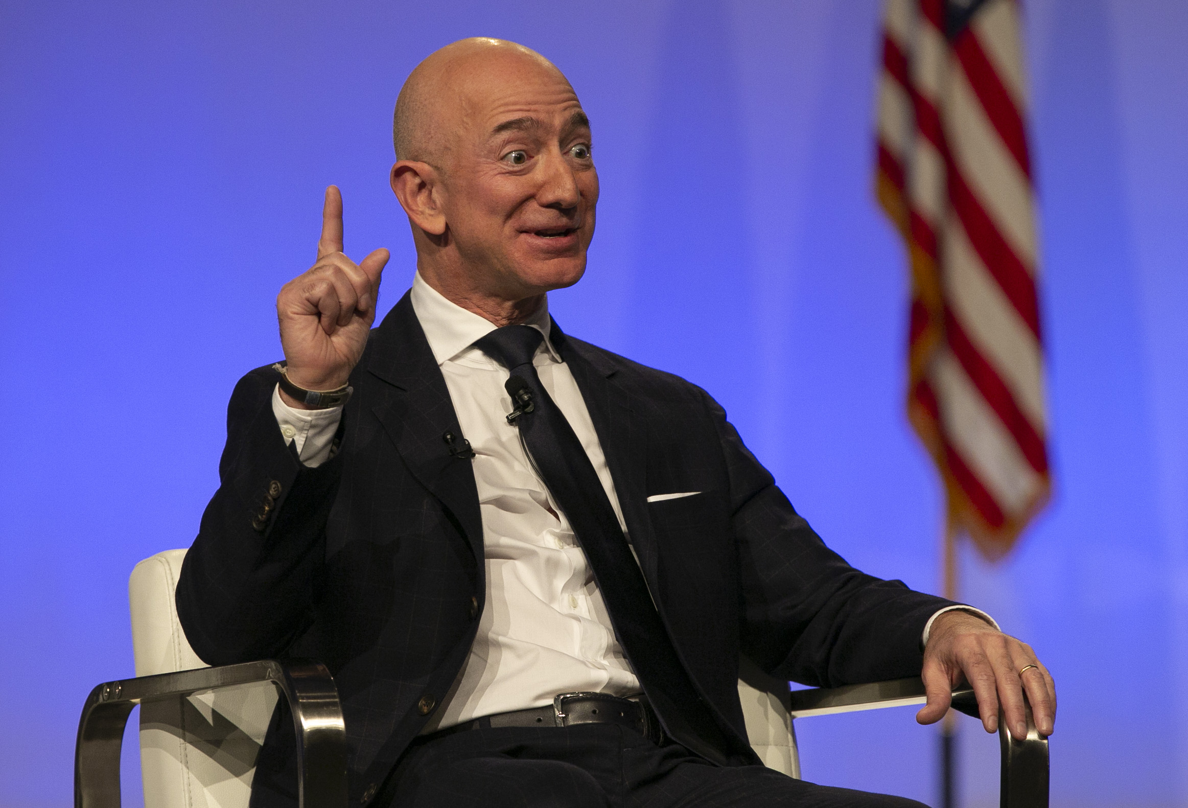 Jeff Bezos, founder, chairman, and CEO of Amazon and founder of aerospace company Blue Origin, gives a Q&A style keynote with AFA President Gen. Larry O. Spencer (Ret.) during the Air Force Association's Air, Space & Cyber conference held at the Gaylord National Resort & Conference Center in Oxon Hill, MD. (Alan Lessig/Staff)