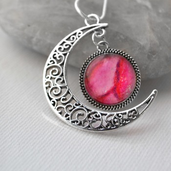 Moon Pendant, Valentines day gift idea, heart jewelry, love necklace, neck candy, handmade wearable art, Pink jewelry,  gift ideas for her