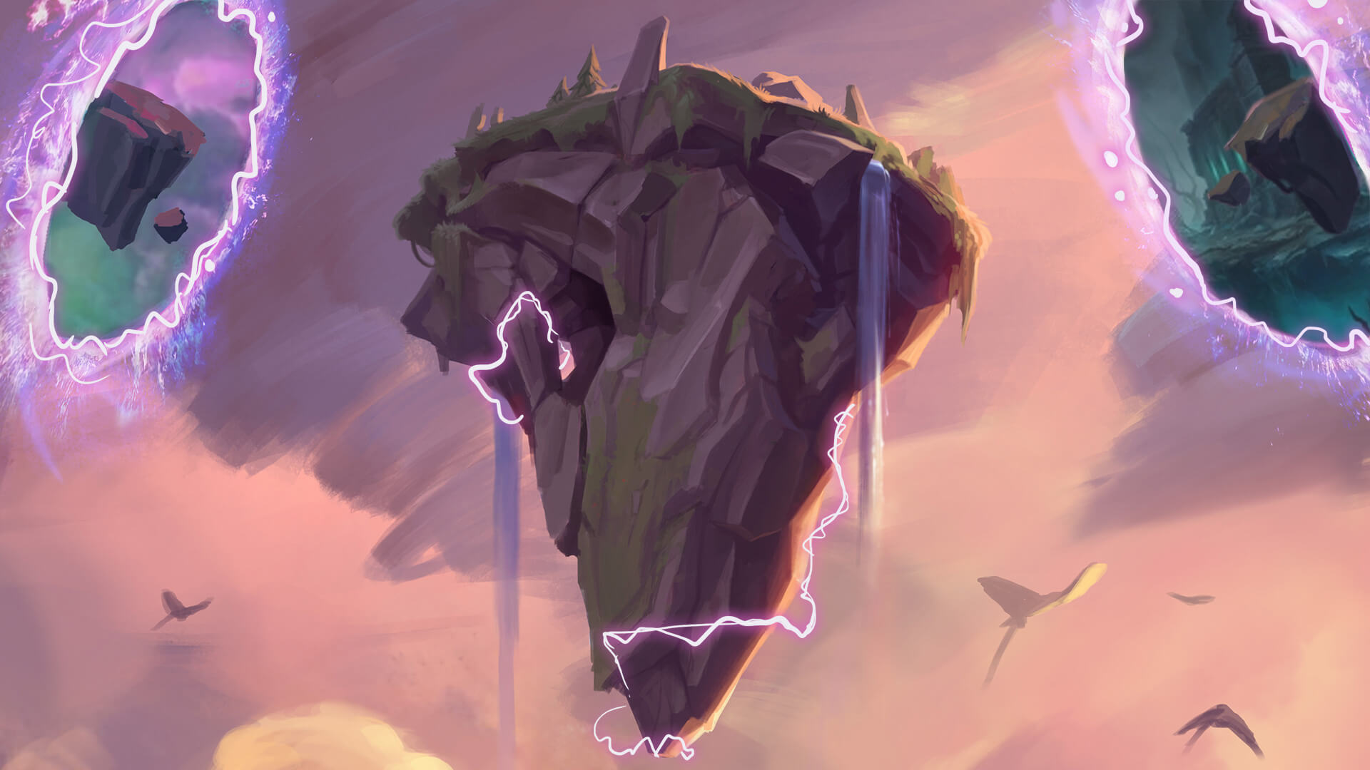 A floating rock with two portals on the side. Key art for Teamfight Tactics