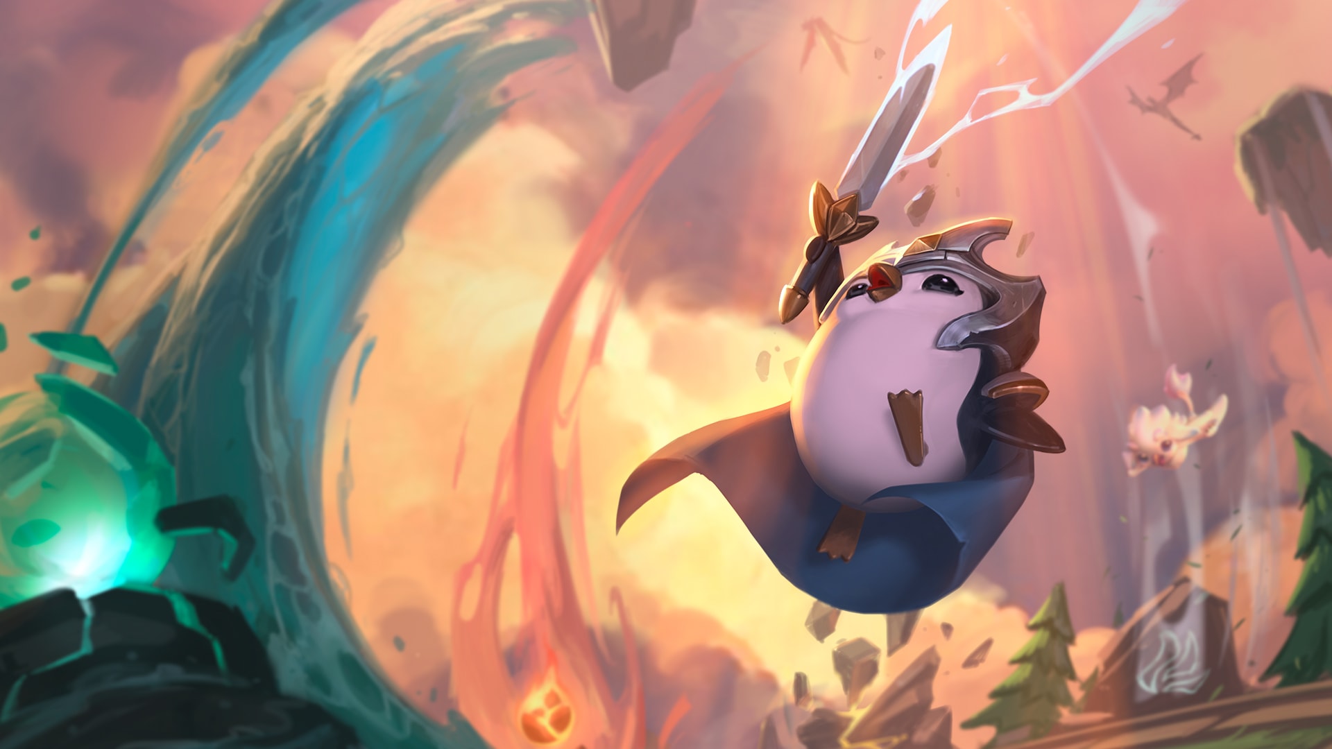 The Pengu Little Legend holds a sword above its head