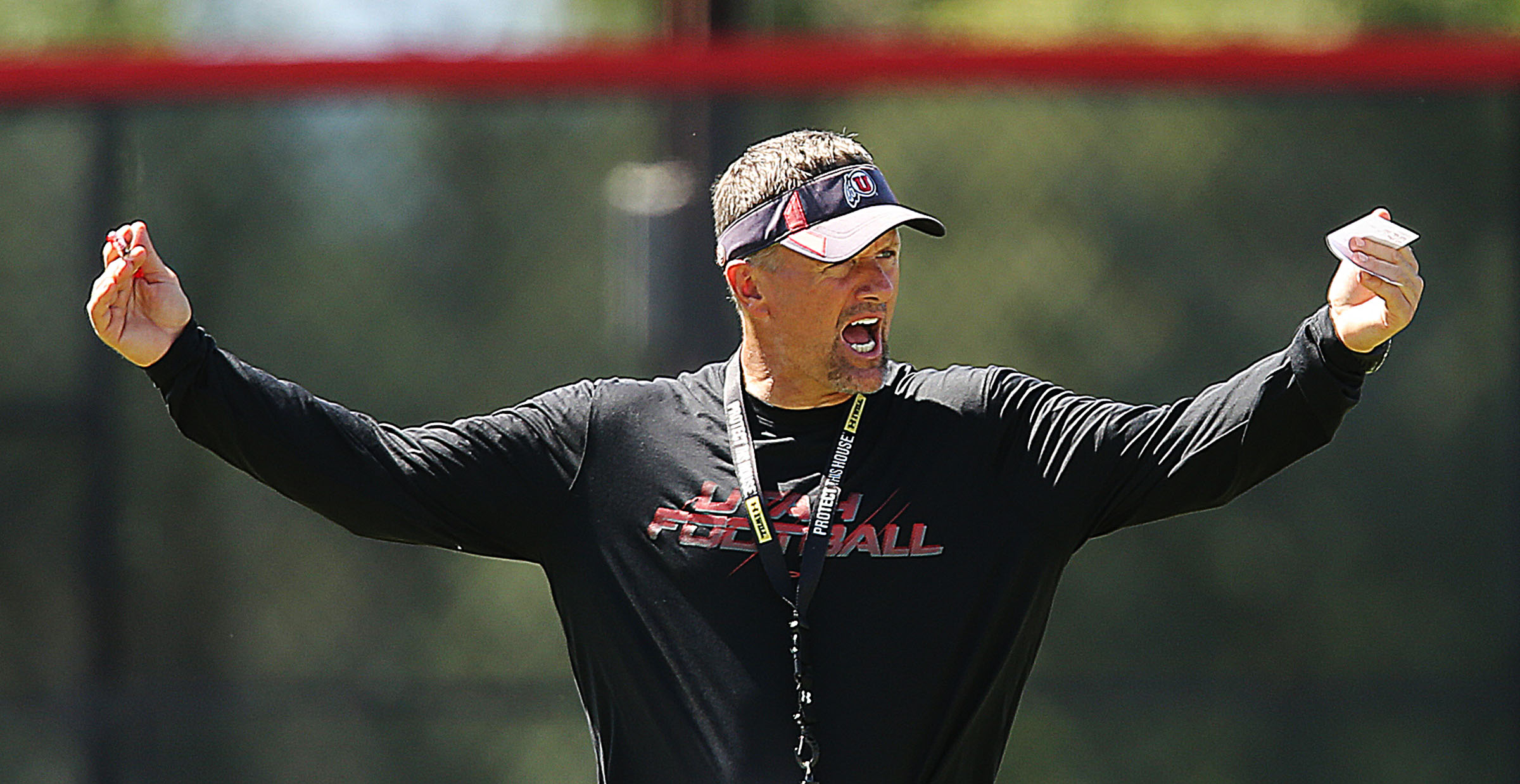 Head football coach Kyle Whittingham calls out to his team during practice Friday, Aug. 9, 2013.