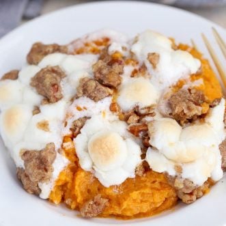 Sweet Potato Casserole on a White Plate.
