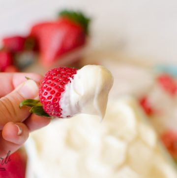 Ripe Strawberry dipped into cheesecake fruit dip.