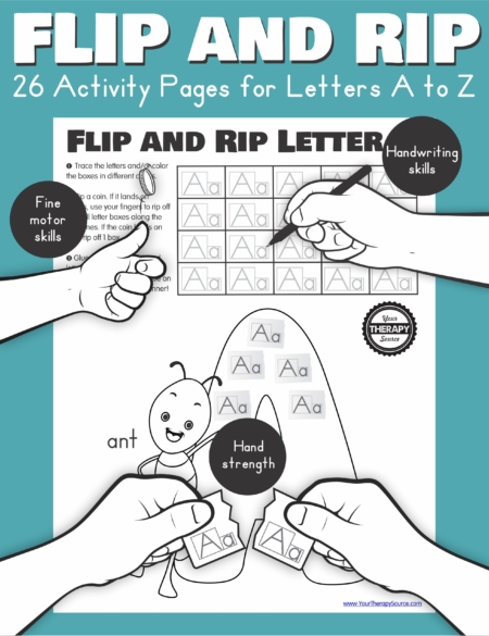 The Flip and Rip Letters A to Z includes 26 activity pages to encourage handwriting practice, fine motor skills, and hand strengthening.
