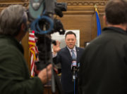 Attorney General William Tong answers questions from the media.