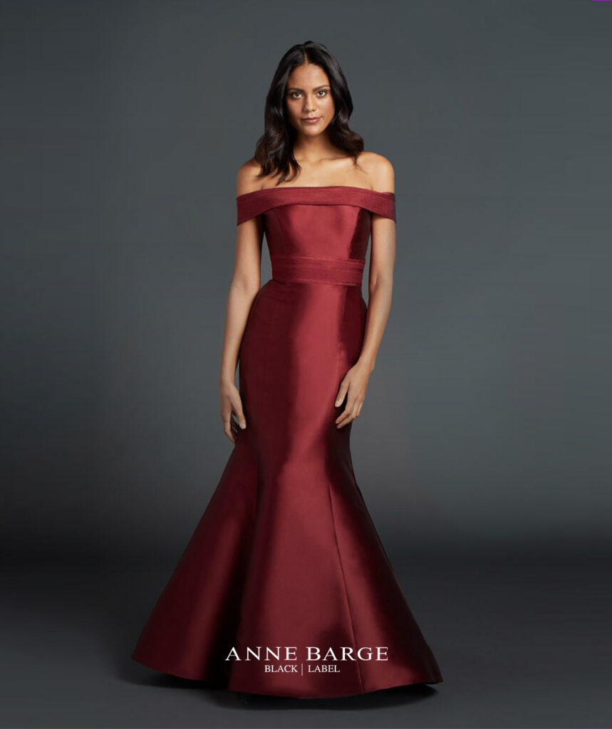 woman wearing anne barge black label couture collection