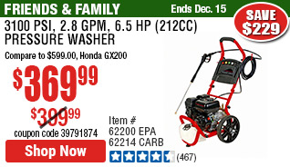 3100 PSI, 2.8 GPM, 6.5 HP (212cc) Pressure Washer EPA III