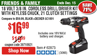 18V 3/8 in. Cordless Drill/Driver Kit With Keyless Chuck, 21 Clutch Settings