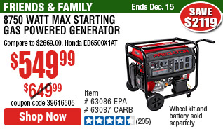 8750 Watt Max Starting Gas Powered Generator - CARB