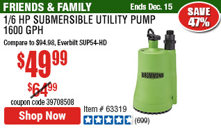 1/6 HP Submersible Utility Pump 1600 GPH