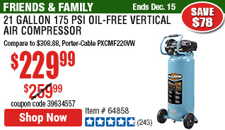 21 gallon 175 PSI Oil-Free Vertical Air Compressor