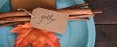 cinnamon, leaf and a brown cloth napkin on a blue plate