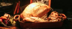 turkey in a roasting pan on a wood table
