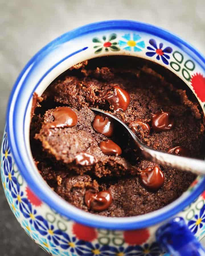 KETO MUG CAKE IN A COLORFUL POLISH POTTERY MUG