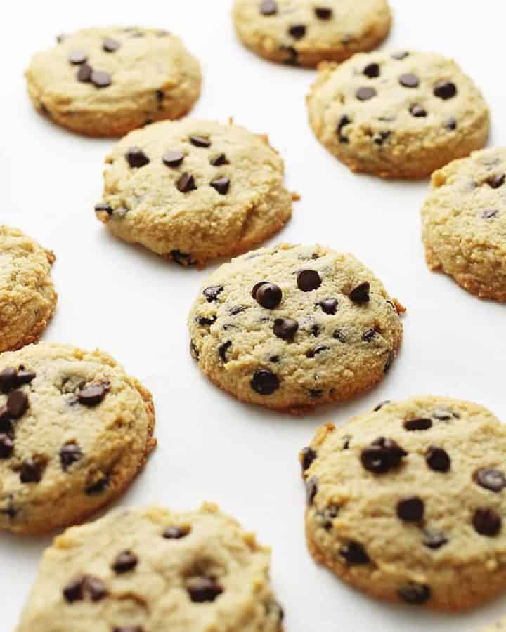 keto chocolate chip cookies on parchment paper