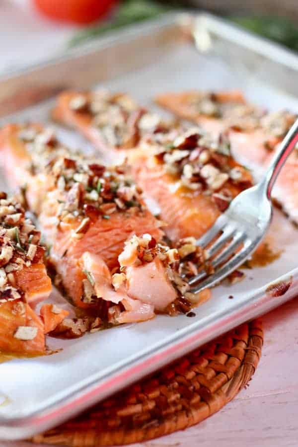 Pecan Crusted Salmon with a fork
