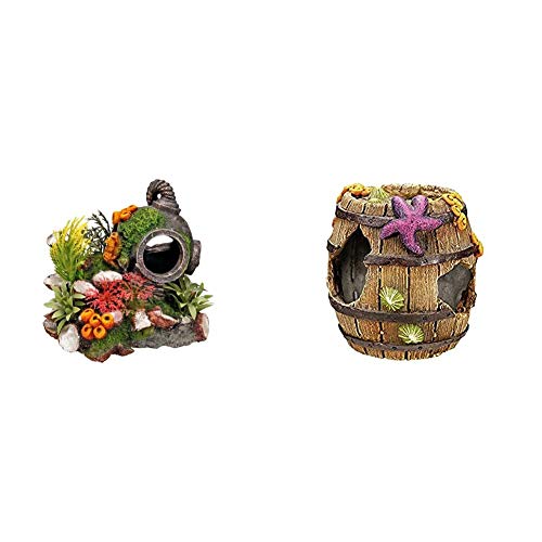 Nobby Aqua Ornaments Helm mit Pflanzen 13,5 x 11 x 12 cm & Aqua Ornaments FASS 8,5 x 8,5 x 9 cm