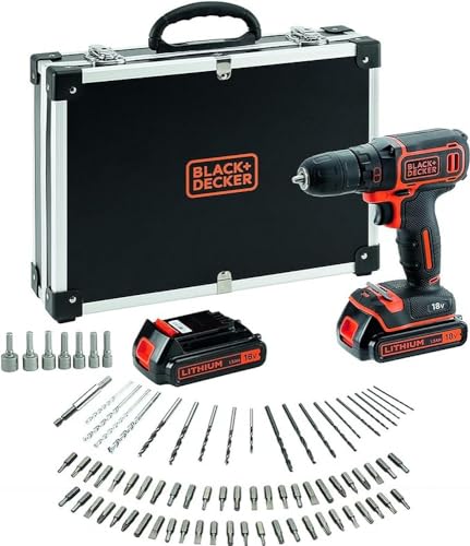 BLACK+DECKER - Perceuse visseuse sans fil 18 V avec Chargeur - Inclus 80 Accessoires et 2 Batteries 1,5 Ah Livr&eacute;e en Coffret - BDCDC18BAFC-QW