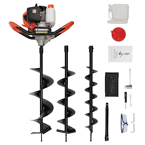 SHZICMY Tari&egrave;re &agrave; essence avec 3 embouts de perçage 100/150/200 mm, 52 cm&sup3;, 2 temps, tari&egrave;re &agrave; essence, poteaux, pelleteuse, puissance 1460 W, foret de jardin