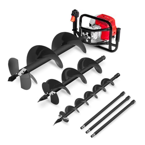 GREENCUT GD750X - Tari&egrave;re &agrave; essence 75cc 5.2hp, moteur 2 temps, trois m&egrave;ches en acier 100/200/300mm, 3 extensions 60cm, profondeur maximale 280cm