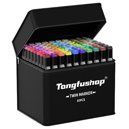 Tongfushop 80+2 Couleurs Feutre a Alcool Set, Feutres Coloriage Adulte, 2S S&eacute;chage Rapide Marqueur Alcool avec Pochette de Transport et Espaceur pour Peinture, Griffonnages, Animation