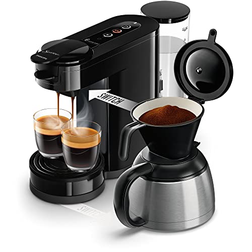 Philips Switch Machine &agrave; caf&eacute; &agrave; dosettes et filtre, Technologie 2 en 1, Verseuse isotherme, Verseuse pour 7 tasses, R&eacute;servoir d'eau de 1 l, Noir intense (HD6592/65)