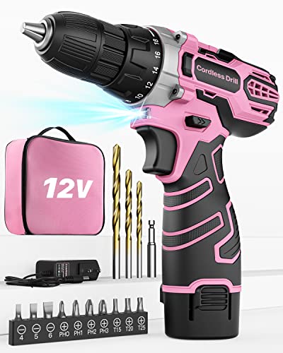 Perceuse Visseuse Sans Fil 12V Rose, Visseuse Devisseuse, Sac de Rangement, 15 Accessoires et Batterie, 25Nm, 18+1 R&eacute;glages de Couple, 2 Vitesse, Rose, pour la Bricolage