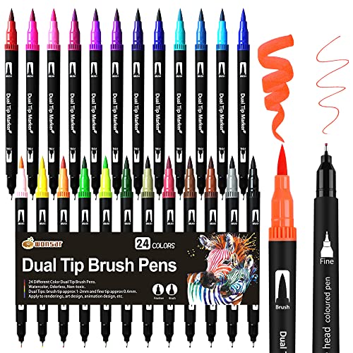 Feutre Coloriage 24 Feutres Coloriage Adulte Enfant Brush Pen Stylo Aquarelle Pinceaux Marqueur pour Mandala, Bullet Journal, Dessin, Livre de Coloriage, Pointe Pinceau et Pointe Fine