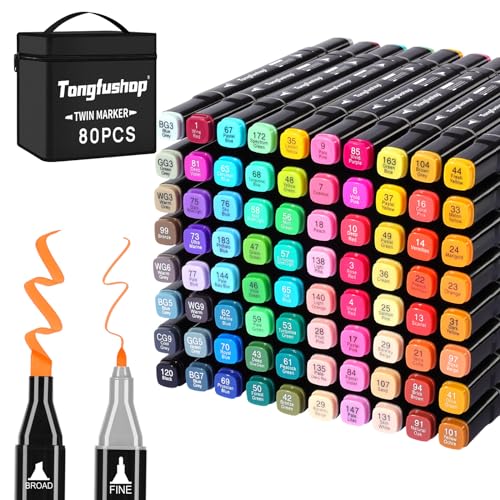 Tongfushop 80+2 Feutre a Alcool, Marqueurs &agrave; Double Pointe S&eacute;chage Rapide en 2 Seconde, Feutres Coloriage Adulte pour le Dessin, Conception, Rendu, Lettre, Affiche, Entretoises Anti infiltration
