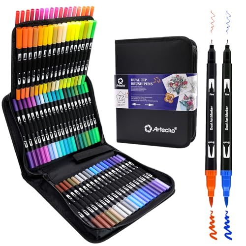 Artecho Feutre Coloriage Adulte, 72 Couleurs Double Pointe Feutre Aquarelle pour Dessin, Mandalas, Manga, Doodling et Calligraphie, Brush Pen pour D&eacute;butants et Artistes