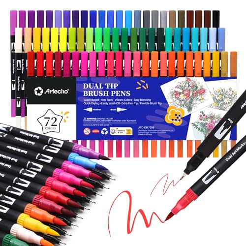 Artecho Feutre Coloriage Adulte 72 Couleurs, Double Pointe Feutre Aquarelle pour Dessin, Mandalas, Manga, Doodling et Calligraphie, Brush Pen pour D&eacute;butants et Artistes