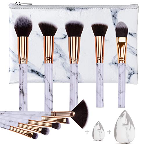 HEYMKGO 10pcs Set Pinceaux Maquillages Professionnel avec Eponge Maquillage, Marbre Makeup Brushes pour Fond de Teint, Poudre, Fard &agrave; Joues, Anti-cernes, avec Trousse