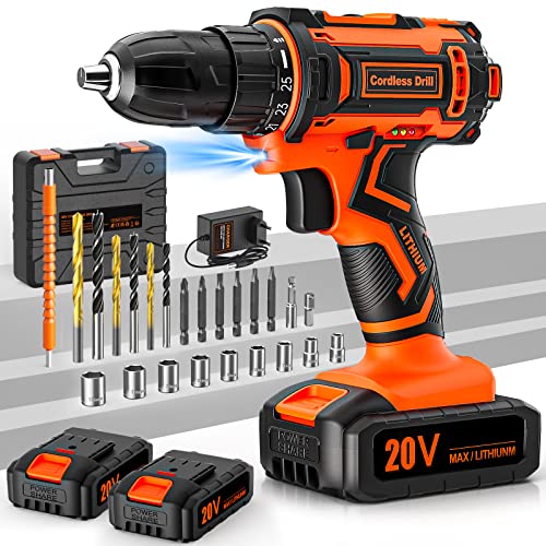Perceuse Visseuse Sans Fil 20V, Visseuse Devisseuse Sans Fil avec 2 Batteries 2.0Ah, 42Nm, 25+1 R&eacute;glages de Couple, 2 Vitesses, LED, 24 Accessoires et Valise, pour la Bricolage