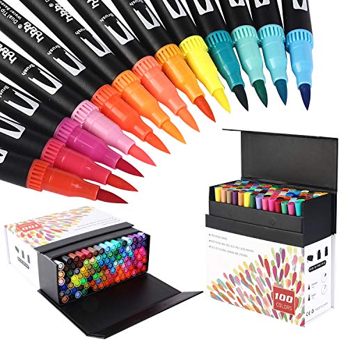 hhhouu 100 Couleurs Aquarelle Stylos Feutres Double Pointe Fine, Feutre Coloriage Adulte avec Enfants, Pour Dessin, Manga, Doodling, Scrapbooking HO-100B