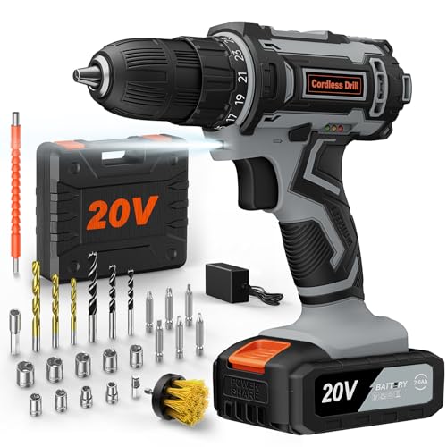 Perceuse Visseuse Devisseuse Sans Fil 20V, avec Batterie 2.0Ah, 42Nm, 25+1 R&eacute;glages de Couple, 2 Vitesse, Lumi&egrave;res LED, 25 Accessoires, Perceuse-Visseuse pour Bricolage &agrave; Domicile