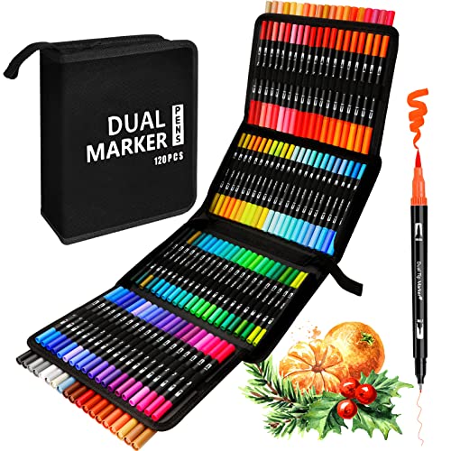 AFXXE Feutres Coloriage Adulte, 120 Couleurs Aquamarker Feutre Set, Feutre Double Pointe Feutre Aquarelle Enfant Pour Dessin, Manga, Doodling, Scrapbooking, Feutre a Eau Avec 3 Mod&egrave;les