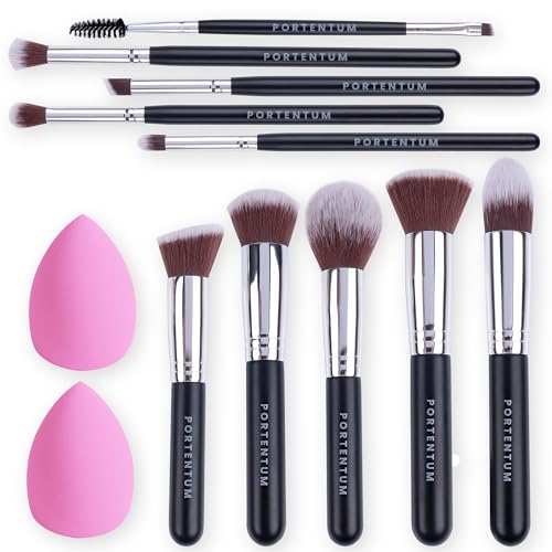 PORTENTUM Pinceaux Maquillages Professionnel (10+2pcs), Pinceau Maquillage Pour Fond de Teint Blush L'anti-cernes Fard &agrave; Paupi&egrave;res Poudre Libre, Avec Blender Eponge