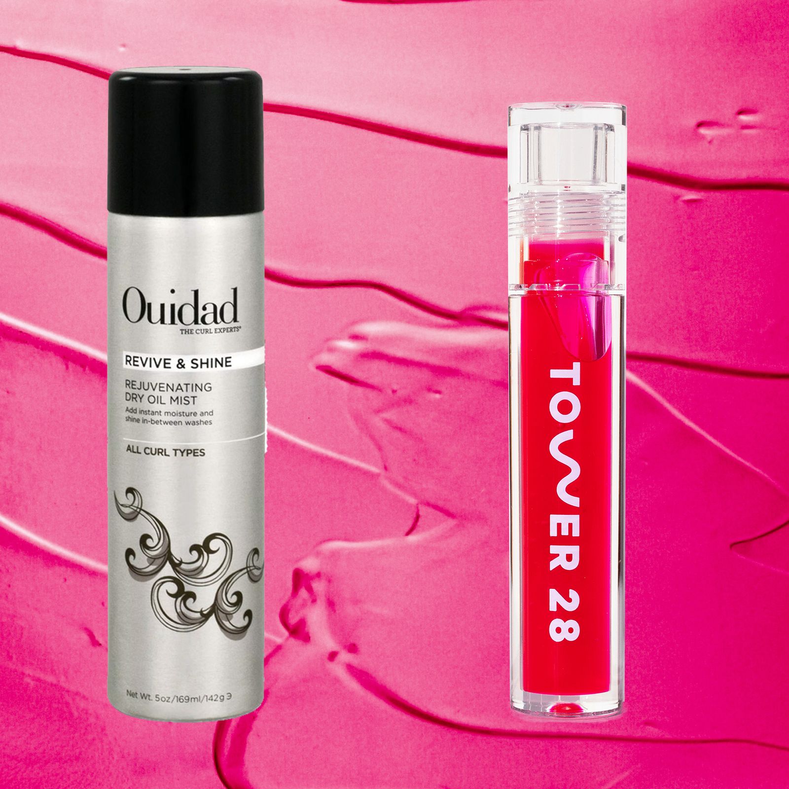 cleanser hair mist oil and lip oil on hot pink background