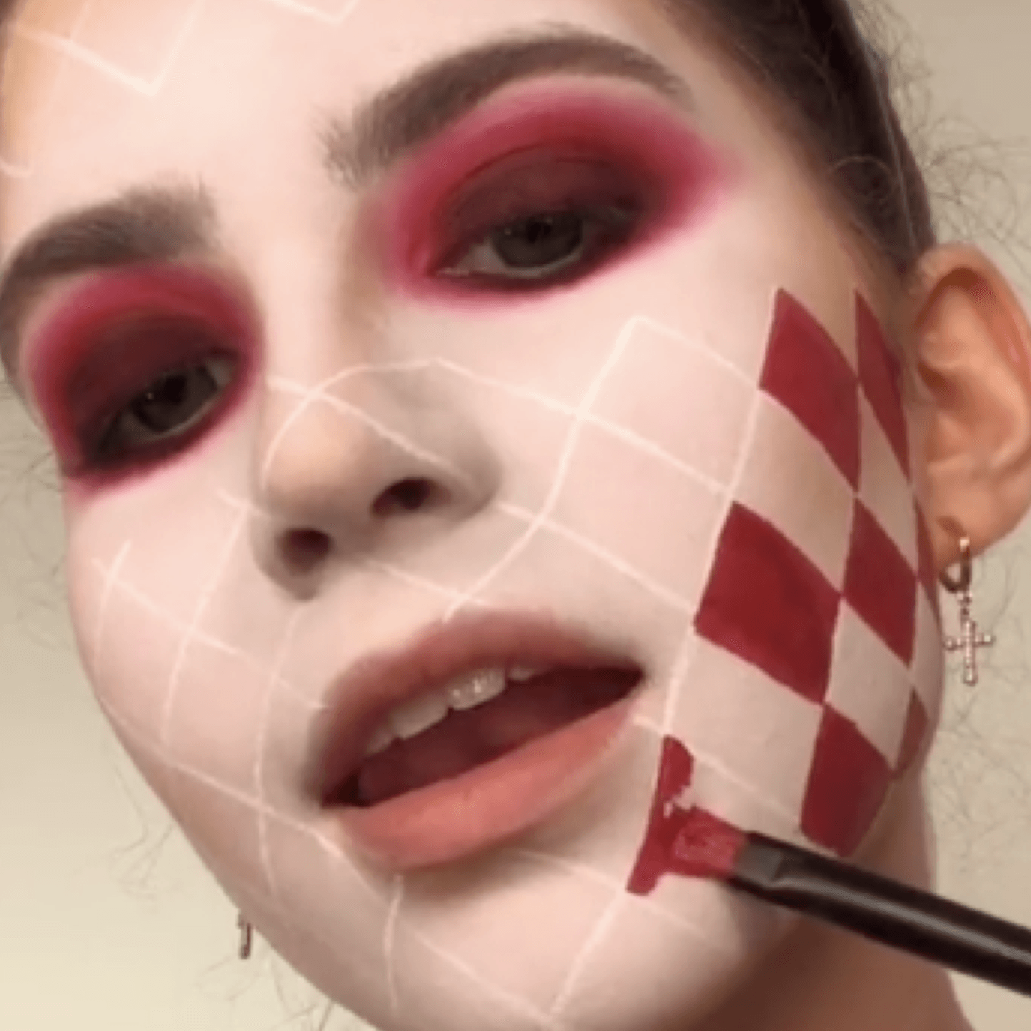 splitscreen of clown makeup and blue glitter acrilyic nail