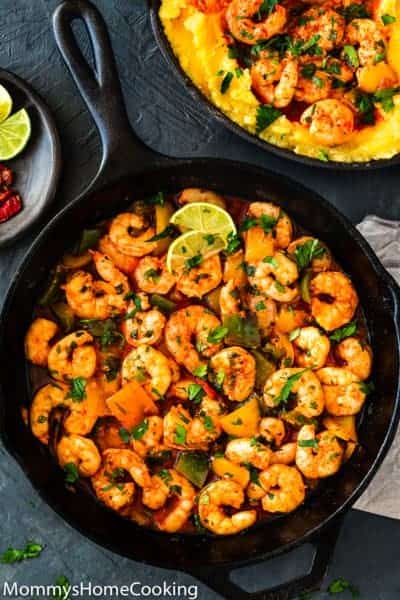 Easy Peri Peri Shrimp in a cast iron skillet