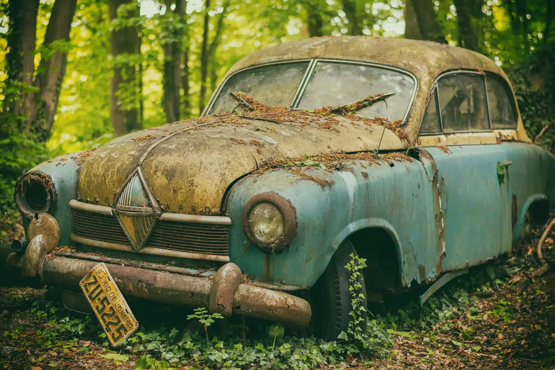 ein verwahrloster Oldtimer im Wald