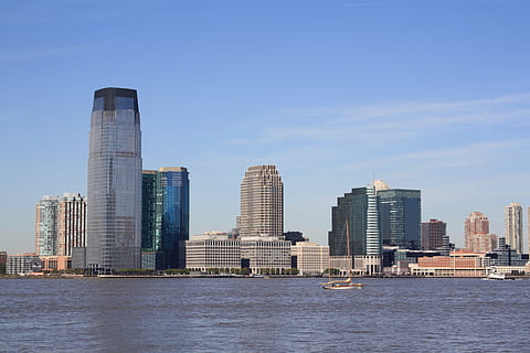 new york, buildings, skyline, architecture, river, blue, sky, built structure, building exterior, waterfront, water, city, building, office building exterior, skyscraper, urban skyline, modern, tall - high, cityscape, landscape, nature, office, day, tower, no people, outdoors, financial district, high, 2K, CC0, public domain, royalty free