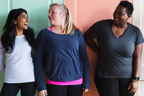 three, laughing, women photo, Fitness, Women, Fun, Friends, Happy, Emotion, Funny, Gym, Body-positivity, Body, Smile, three quarter length, togetherness, group of people, young adult, young women, friendship, indoors, smiling, standing, front view, happiness, adult, casual clothing, hair, teenager, couple - relationship, hairstyle, 4K, CC0, public domain, royalty free