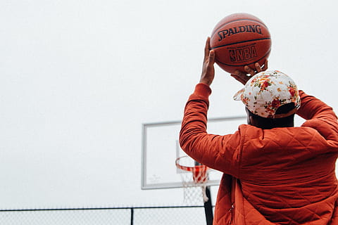 people, man, guy, playing, basketball, sport, game, ball, ring, one person, indoors, holding, copy space, waist up, occupation, working, standing, basketball - sport, adult, three quarter length, men, day, clothing, rear view, technology, obscured face, 2K, CC0, public domain, royalty free