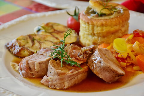 close-up, food, plate, cook, cuisine, delicious, dinner, edible, epicure, fillet, healthy, lunch, meal, meat, mushrooms, nutrition, pepper, pork, potato, sauce, tasty, tomato, vegetable, vegetables, food and drink, ready-to-eat, freshness, indoors, serving size, healthy eating, focus on foreground, wellbeing, no people, still life, seafood, slice, indulgence, selective focus, table, temptation, garnish, herb, crockery, coriander, 5K, CC0, public domain, royalty free