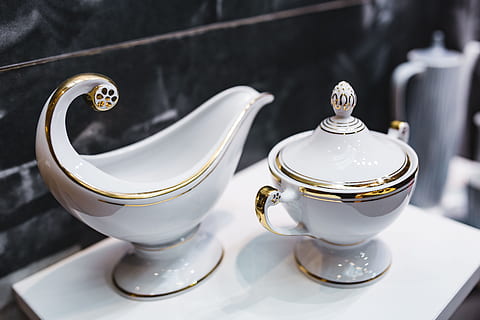 collection, ceramic, pottery, dishes, dishware, kitchenware, tablecloth, food and drink, elegance, household equipment, drink, indoors, teapot, cup, ceramics, no people, close-up, wealth, antique, crockery, luxury, home, porcelain, ornate, tea cup, tea - hot drink, tray, upper class, high society, expense, 5K, CC0, public domain, royalty free