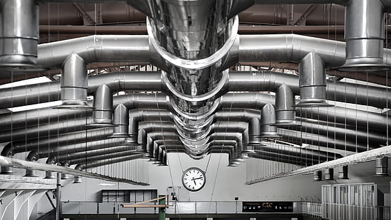 photography, silver tubes, industry, hall, ventilation, butter factory, rama, factory, building, industrial hall, industrial plant, leave, factory building, steel, metal, machine, industrial park, lighting, lapsed, pipe - Tube, pipeline, technology, stainless Steel, indoors, built structure, architecture, machine part, silver colored, no people, low angle view, ceiling, machinery, connection, illuminated, transportation, equipment, staircase, industrial equipment, clock, alloy, 5K, CC0, public domain, royalty free