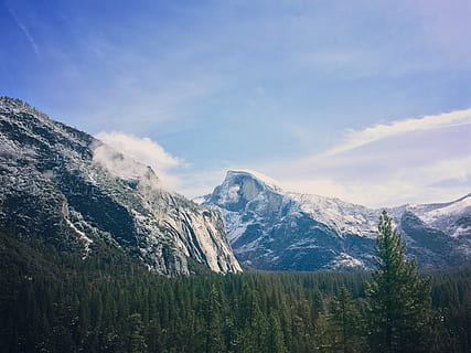 clouds, daylight, fog, forest, glacier, high, hike, hill, ice, landscape, mountain, mountain peak, nature, outdoors, scenic, sky, snow, travel, valley, view, winter, woods, scenics, tree, scenics - nature, beauty in nature, mountain range, plant, tranquil scene, environment, tranquility, non-urban scene, cloud - sky, land, pine tree, cold temperature, coniferous tree, no people, snowcapped mountain, pine woodland, formation, 2K, CC0, public domain, royalty free